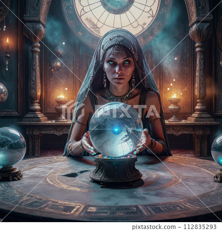 A beautiful mysterious fortune teller with piercing eyes predicts fate on a magic ball A beautiful mysterious fortune teller with piercing eyes predicts fate on a magic ball 112835293