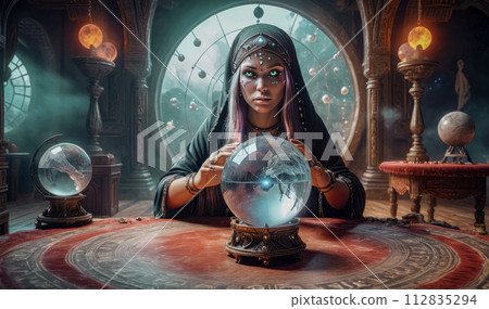A beautiful mysterious fortune teller with piercing eyes predicts fate on a magic ball A beautiful mysterious fortune teller with piercing eyes predicts fate on a magic ball 112835294