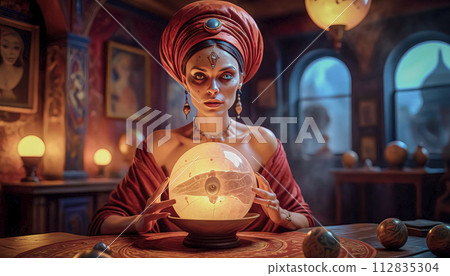 A beautiful mysterious fortune teller with piercing eyes predicts fate on a magic ball 112835304