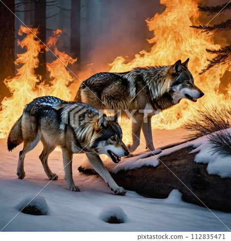 AI-generated content. Two wolves fighting in the winter forest with a fire in the background 112835471