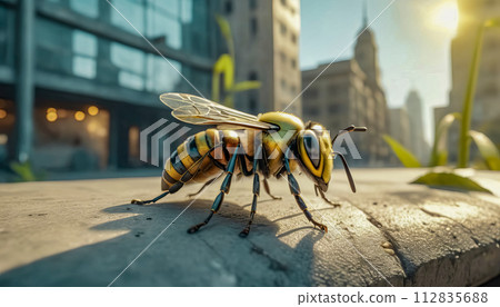 robot bee close-up. ecology and environmental protection concept robot bee close-up. ecology and environmental protection concept 112835688