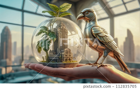 close-up of a robot bird on a girl's hand. ecology and environmental protection concept close-up of a robot bird on a girl's hand. ecology and environmental protection concept 112835705