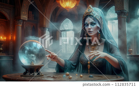 A beautiful mysterious fortune teller with piercing eyes predicts fate on a magic ball 112835711