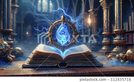 A magic book from the wizard's room, an ancient grimoire for spells A magic book from the wizard's room, an ancient grimoire for spells 112835718