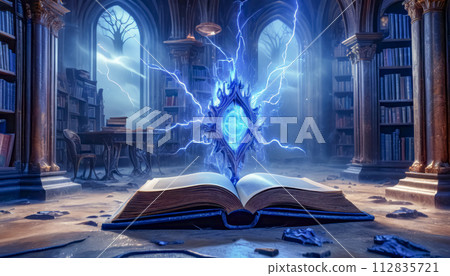A magic book from the wizard's room, an ancient grimoire for spells 112835721
