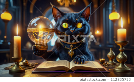 A magical black cat tells fortunes on a Magic Book from the wizard's room A magical black cat tells fortunes on a Magic Book from the wizard's room 112835733