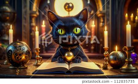 A magical black cat tells fortunes on a Magic Book from the wizard's room A magical black cat tells fortunes on a Magic Book from the wizard's room 112835735