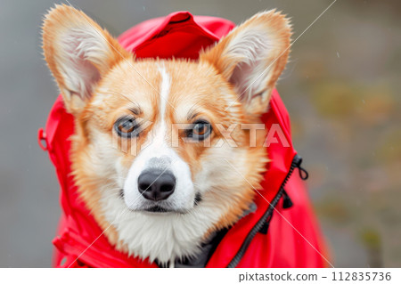 Portrait of a Corgi dog in red raincoat Clothes for pets Care and walking dog 112835736