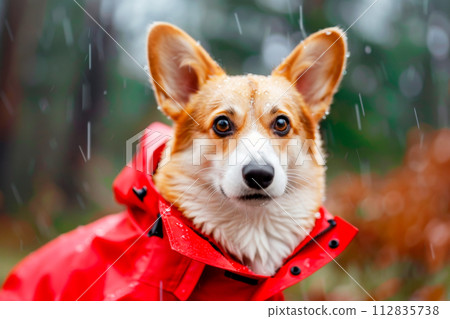 Corgi dog in a red raincoat walking in the park in rainy weather Clothing for pets Care and love Corgi dog in a red raincoat walking in the park in rainy weather Clothing for pets Care and love 112835738