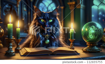 A magical black cat tells fortunes on a Magic Book from the wizard's room 112835755