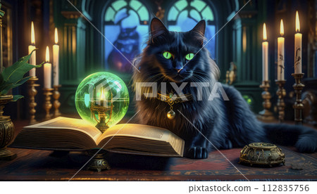 A magical black cat tells fortunes on a Magic Book from the wizard's room 112835756