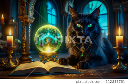 A magical black cat tells fortunes on a Magic Book from the wizard's room 112835761