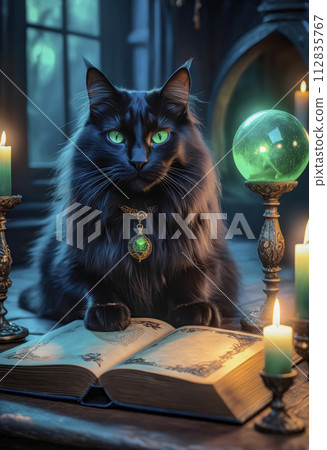 A magical black cat tells fortunes on a Magic Book from the wizard's room 112835767