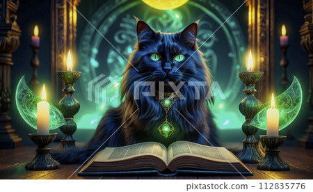 A magical black cat tells fortunes on a Magic Book from the wizard's room A magical black cat tells fortunes on a Magic Book from the wizard's room 112835776