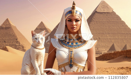 Beautiful Egyptian queen against the background of the pyramid. 112835807
