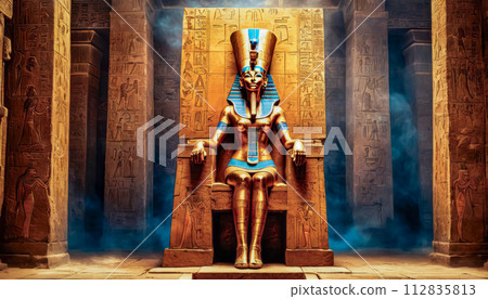 The beautiful Egyptian goddess-pharaoh Hatshepsut sits on a golden throne in the Dendera temple The beautiful Egyptian goddess-pharaoh Hatshepsut sits on a golden throne in the Dendera temple 112835813
