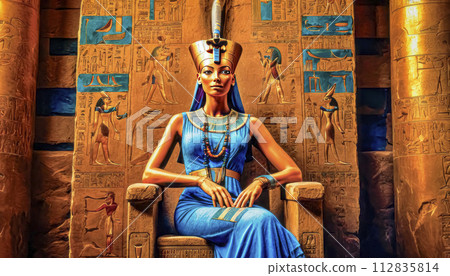 The beautiful Egyptian goddess-pharaoh Hatshepsut sits on a golden throne in the Dendera temple The beautiful Egyptian goddess-pharaoh Hatshepsut sits on a golden throne in the Dendera temple 112835814