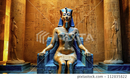 The beautiful Egyptian goddess-pharaoh Hatshepsut sits on a golden throne in the Dendera temple The beautiful Egyptian goddess-pharaoh Hatshepsut sits on a golden throne in the Dendera temple 112835822