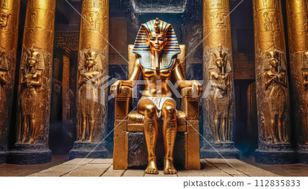 The beautiful Egyptian goddess-pharaoh Tutankhamun sits on a golden throne in the temple of Thebes The beautiful Egyptian goddess-pharaoh Tutankhamun sits on a golden throne in the temple of Thebes 112835833