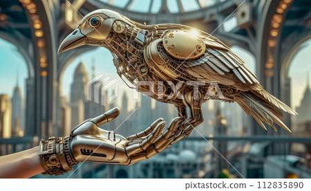 robot bird on a girl's hand. ecology and environmental protection concept 112835890
