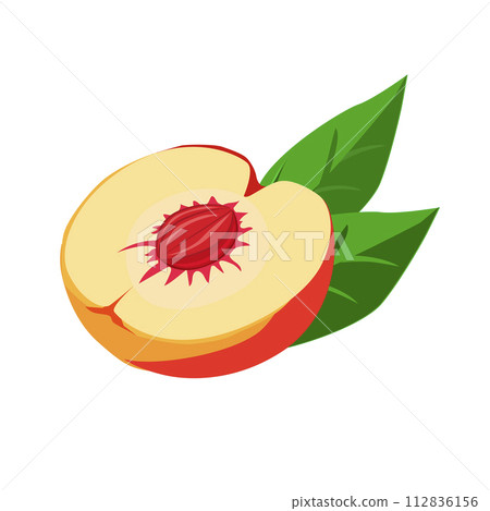 Healthy half an orange peach on white background. Isolated vector summer fruit in flat style. Healthy half an orange peach on white background. Isolated vector summer fruit in flat style. 112836156