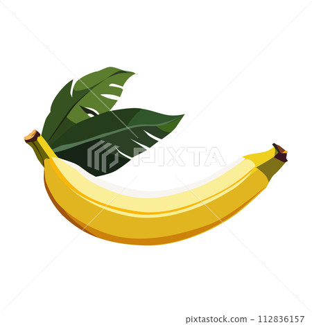 Healthy yellow banana with leaves. Isolated vector fruit in flat style. Summer clipart for design Healthy yellow banana with leaves. Isolated vector fruit in flat style. Summer clipart for design 112836157