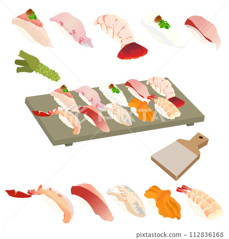 美味的壽司~冬天~（蜀蟹、紅鯛魚、青稞魚、紅貝、甜蝦、鮭魚、kasako、龍蝦、河豚、青花） 112836168