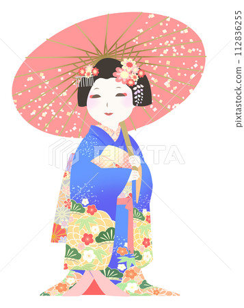 日本雨傘和長袖和服藝伎舞妓 112836255