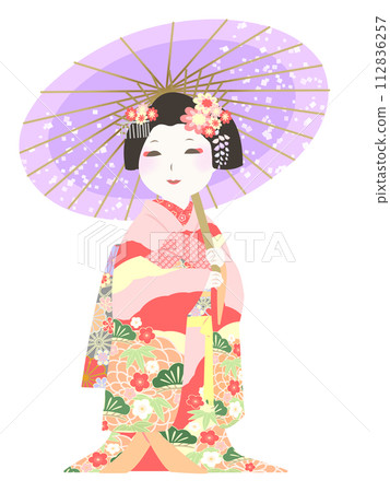 日本雨傘和長袖和服藝伎舞妓 112836257