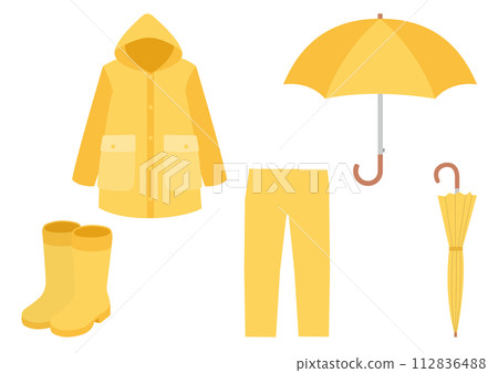 Set of illustrations of yellow umbrellas and rain gear 112836488