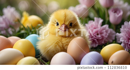 Happy Easter yellow chick with Easter eggs surrounded by spring flowers on a floral background. Easter concept Happy Easter yellow chick with Easter eggs surrounded by spring flowers on a floral background. Easter concept 112836810