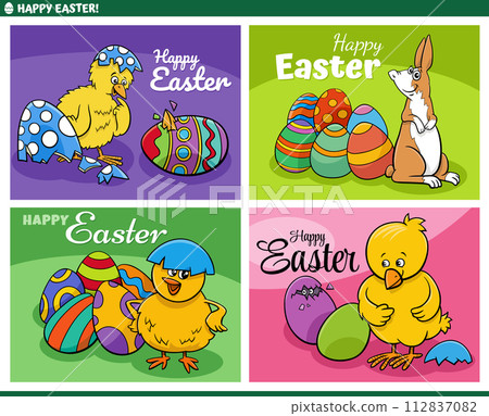 cartoon Easter greeting cards set with chicks and bunnies 112837082