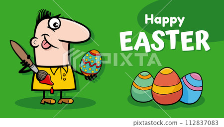 cartoon man painting Easter egg greeting card design 112837083