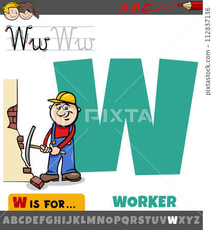letter W from alphabet with cartoon worker character 112837136