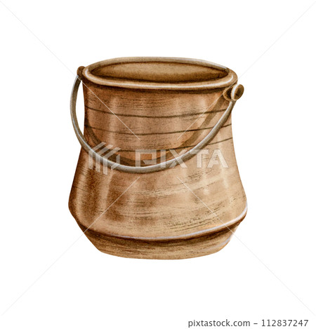 Empty copper bucker with handle watercolor illustration isolated on white background. Vintage metal pot for plants and flowers realistic drawing 112837247