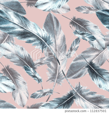 Watercolor seamless pattern with monochrome bird feathers grey black color with granulation of shades, ornaments. Quills wings drawing illustration. Wallpaper wrapping fabric Isolated peach background Watercolor seamless pattern with monochrome bird feathers grey black color with granulation of shades, ornaments. Quills wings drawing illustration. Wallpaper wrapping fabric Isolated peach background 112837501