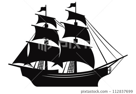 Silhouette of a Pirate Ship, Pirate boats and Old different Wooden Ships with Fluttering Flags Silhouette of a Pirate Ship, Pirate boats and Old different Wooden Ships with Fluttering Flags 112837699