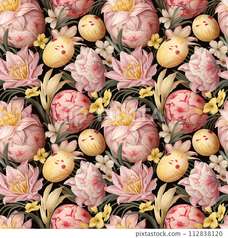Flowers and Eggs Painting on Black Background 112838120
