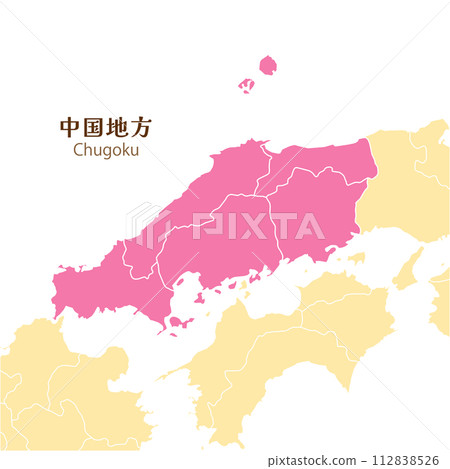 Maps of the Chugoku region, each prefecture in the Chugoku region and surrounding areas, cute maps in pastel colors 112838526