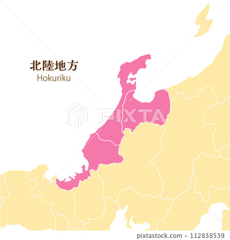 Hokuriku region, maps of each prefecture in the Hokuriku region and surrounding areas, cute maps in pastel colors 112838539