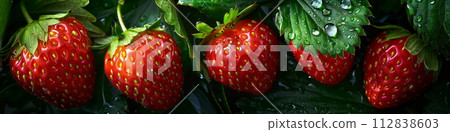 Wild red strawberries with green leaves and water drops. Close up view, panorama banner, generative AI 112838603