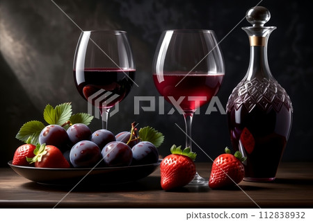 fruity red wine in a glass and decanter against the background fruity red wine in a glass and decanter against the background 112838932