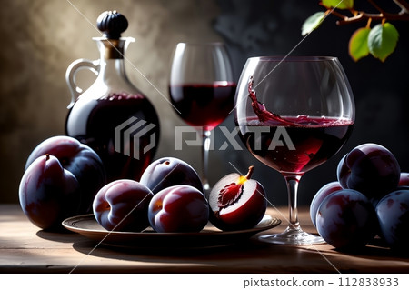 plum red wine in a glass and decanter against plum red wine in a glass and decanter against 112838933