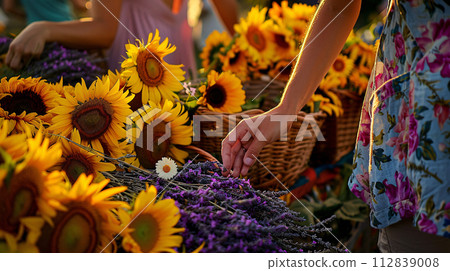 a farmer's market flower stall overflowing with blooms 112839008