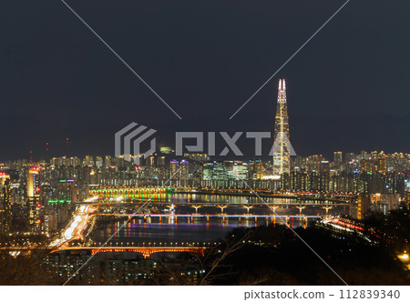 Aerial view of Seoul Downtown Skyline, South Korea. Financial district and business centers in smart urban city in Asia. Skyscraper and high-rise buildings. Aerial view of Seoul Downtown Skyline, South Korea. Financial district and business centers in smart urban city in Asia. Skyscraper and high-rise buildings. 112839340