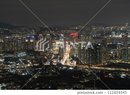 Aerial view of Seoul Downtown Skyline, South Korea. Financial district and business centers in smart urban city in Asia. Skyscraper and high-rise buildings. 112839345