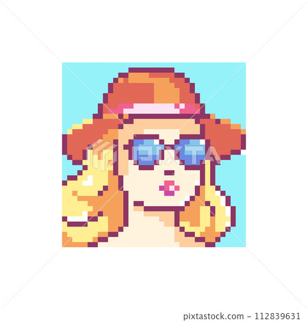 Pixel Art Woman with Hat and Sunglasses for Summer. 8 bit Pattern for Print. Vacation and Summer Party Illustration.  112839631