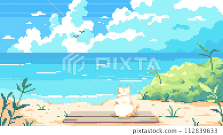 Pixel Art Cat Sits on a Sunny Beach.8 Bit Retro Game Summer Ocean or Sea Background in Pixelated Y2k Style. 112839633