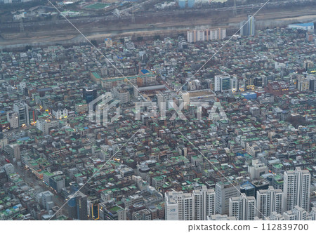 Aerial view of Seoul Downtown Skyline, South Korea. Financial district and business centers in smart urban city in Asia. Skyscraper and high-rise buildings. 112839700