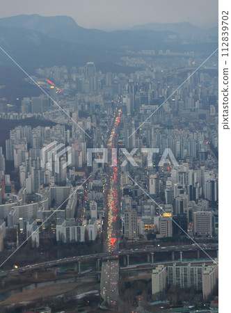 Aerial view of Seoul Downtown Skyline, South Korea. Financial district and business centers in smart urban city in Asia. Skyscraper and high-rise buildings. 112839702
